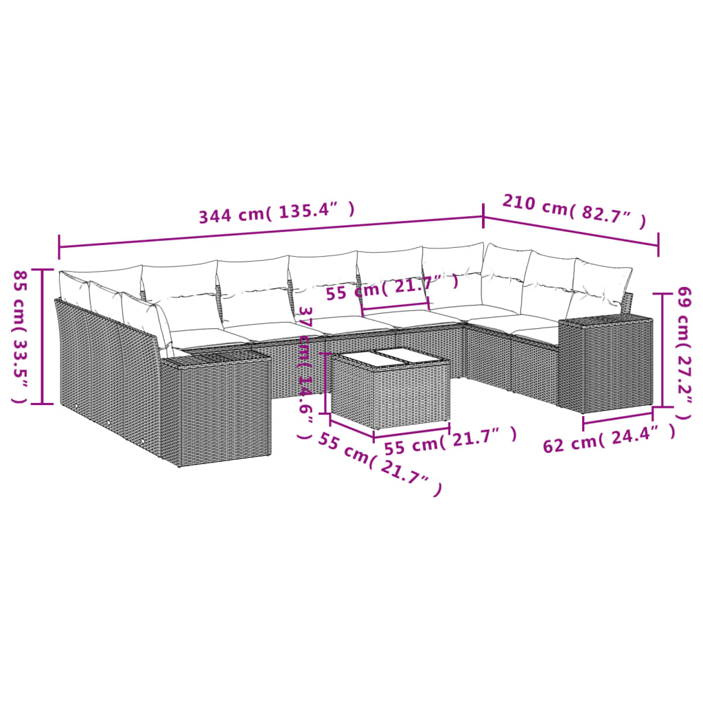 11-Delige Tuinset Met Kussens Poly Rattan Beige