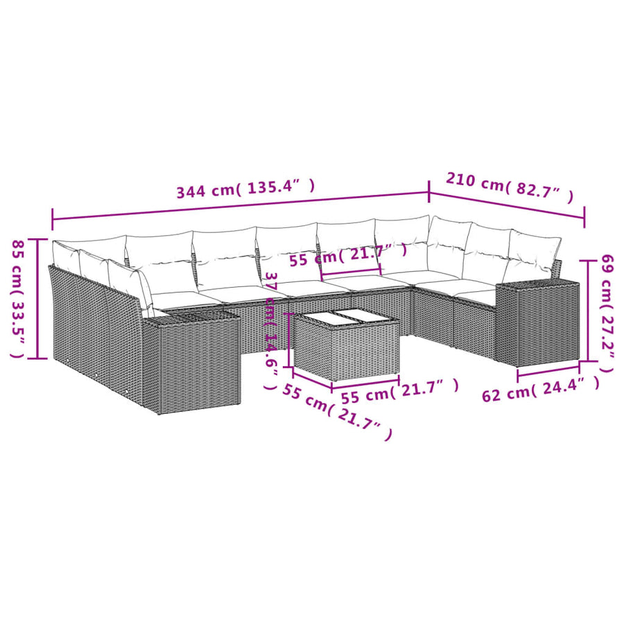 11-Delige Loungeset Met Kussens Poly Rattan Grijs