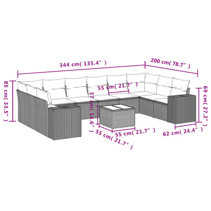 11-delige Loungeset met kussens poly rattan lichtgrijs