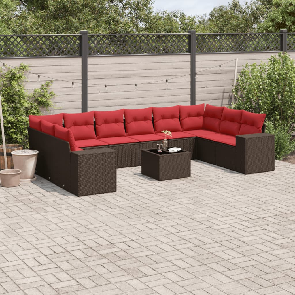 11-delige tuinbankset met kussens, bruin polyrotan