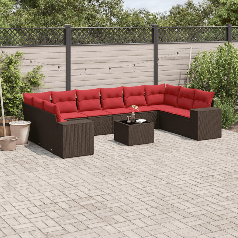 11-delige tuinbankset met kussens, bruin polyrotan