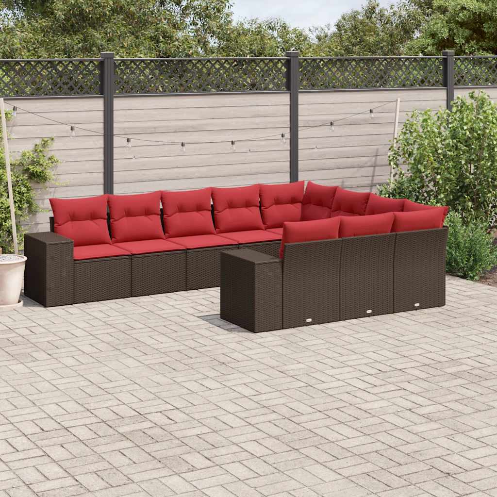 10-delige tuinbankset met kussens, bruin polyrotan