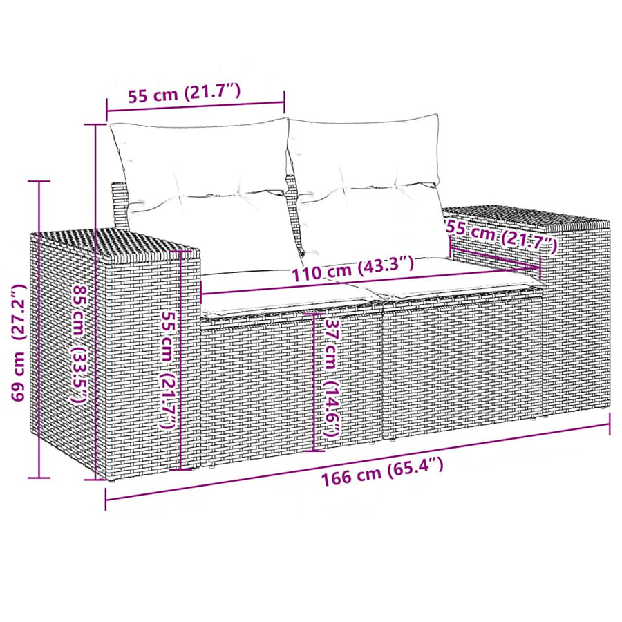 11-delige tuinbankset met kussens, zwart polyrotan