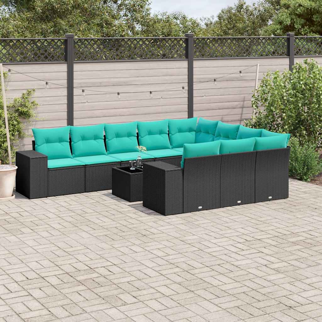 11-delige tuinbankset met kussens, zwart polyrotan