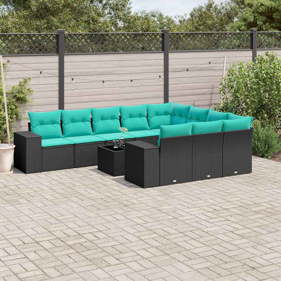 11-delige tuinbankset met kussens, zwart polyrotan