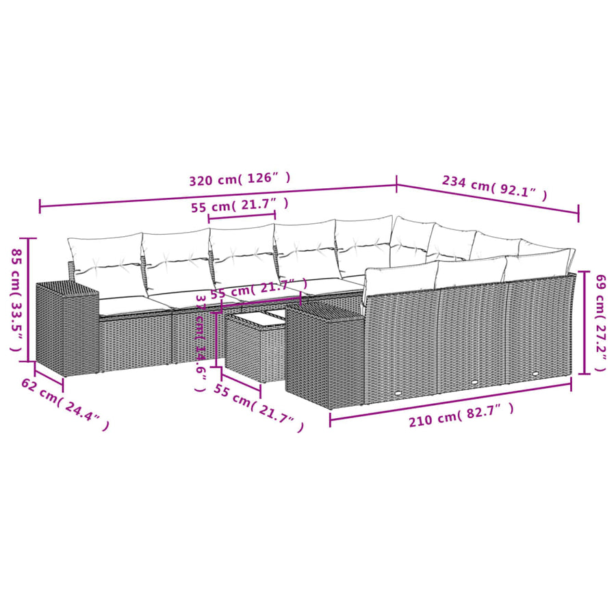 11-Delige Loungeset Met Kussens Poly Rattan Grijs