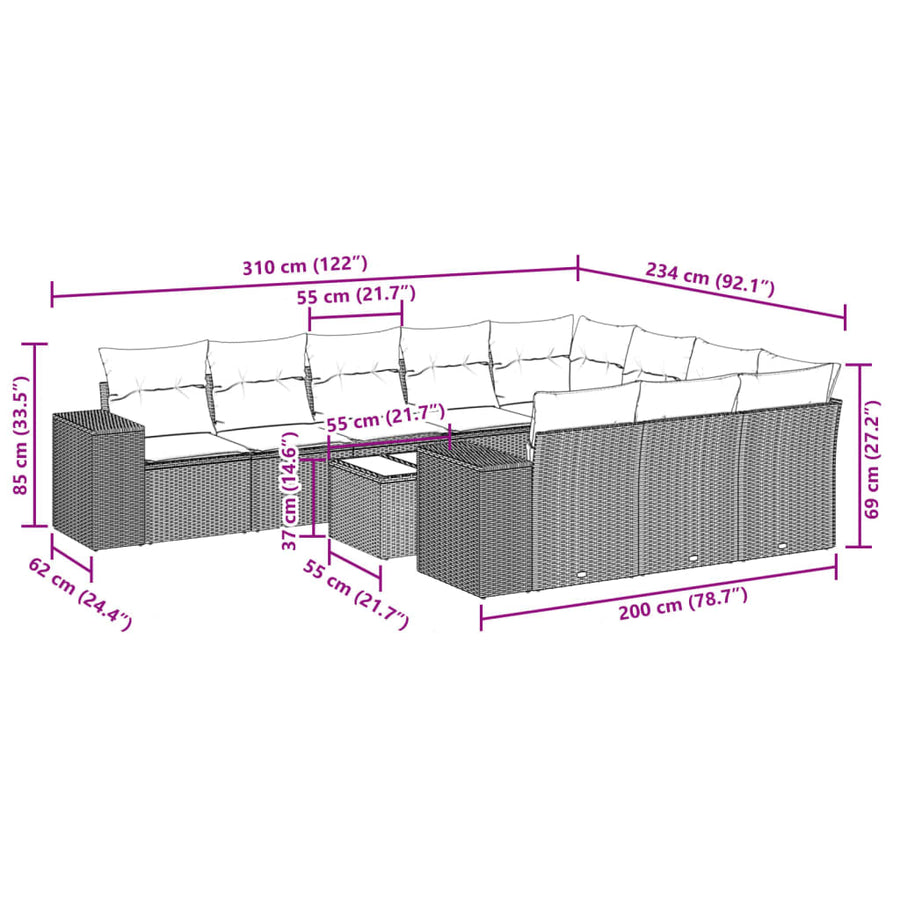 11-delige Loungeset met kussens poly rattan lichtgrijs