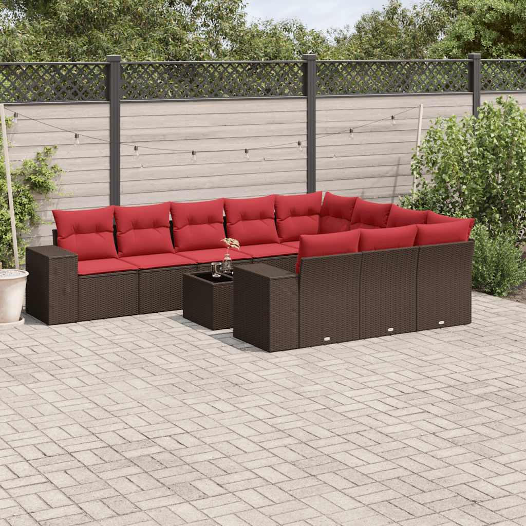 11-delige tuinbankset met kussens, bruin polyrotan