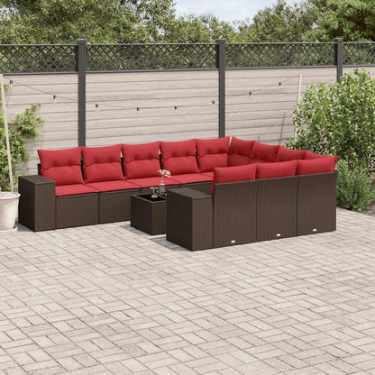 11-delige tuinbankset met kussens, bruin polyrotan
