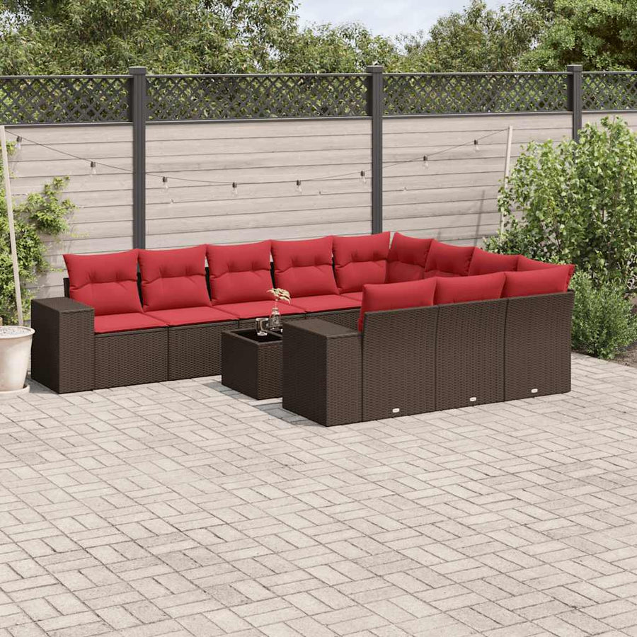 11-delige tuinbankset met kussens, bruin polyrotan