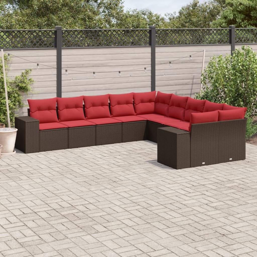 10-delige tuinbankset met kussens, bruin polyrotan