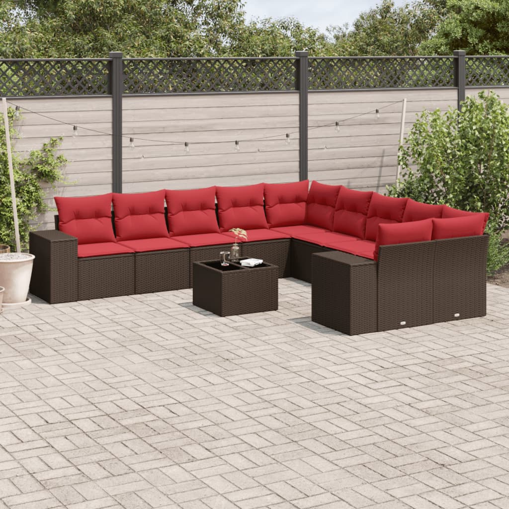 11-delige tuinbankset met kussens, bruin polyrotan