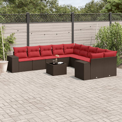 11-delige tuinbankset met kussens, bruin polyrotan