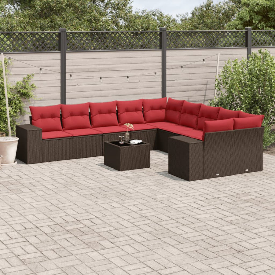 11-delige tuinbankset met kussens, bruin polyrotan