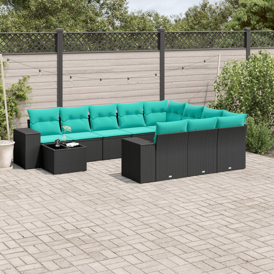 11-delige tuinbankset met kussens, zwart polyrotan