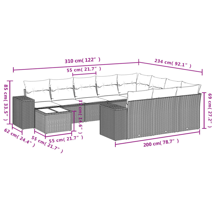 11-delige Loungeset met kussens poly rattan lichtgrijs