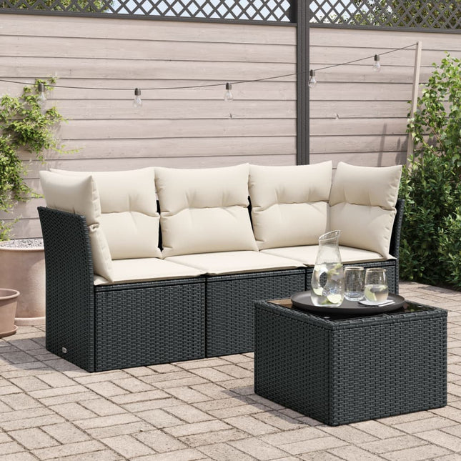 4-Delige Loungeset Met Kussens Poly Rattan Zwart en crème Met tafel