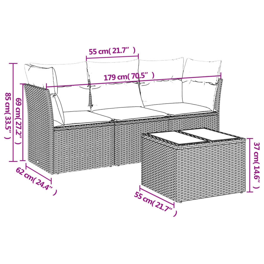 4-Delige Loungeset Met Kussens Poly Rattan Grijs