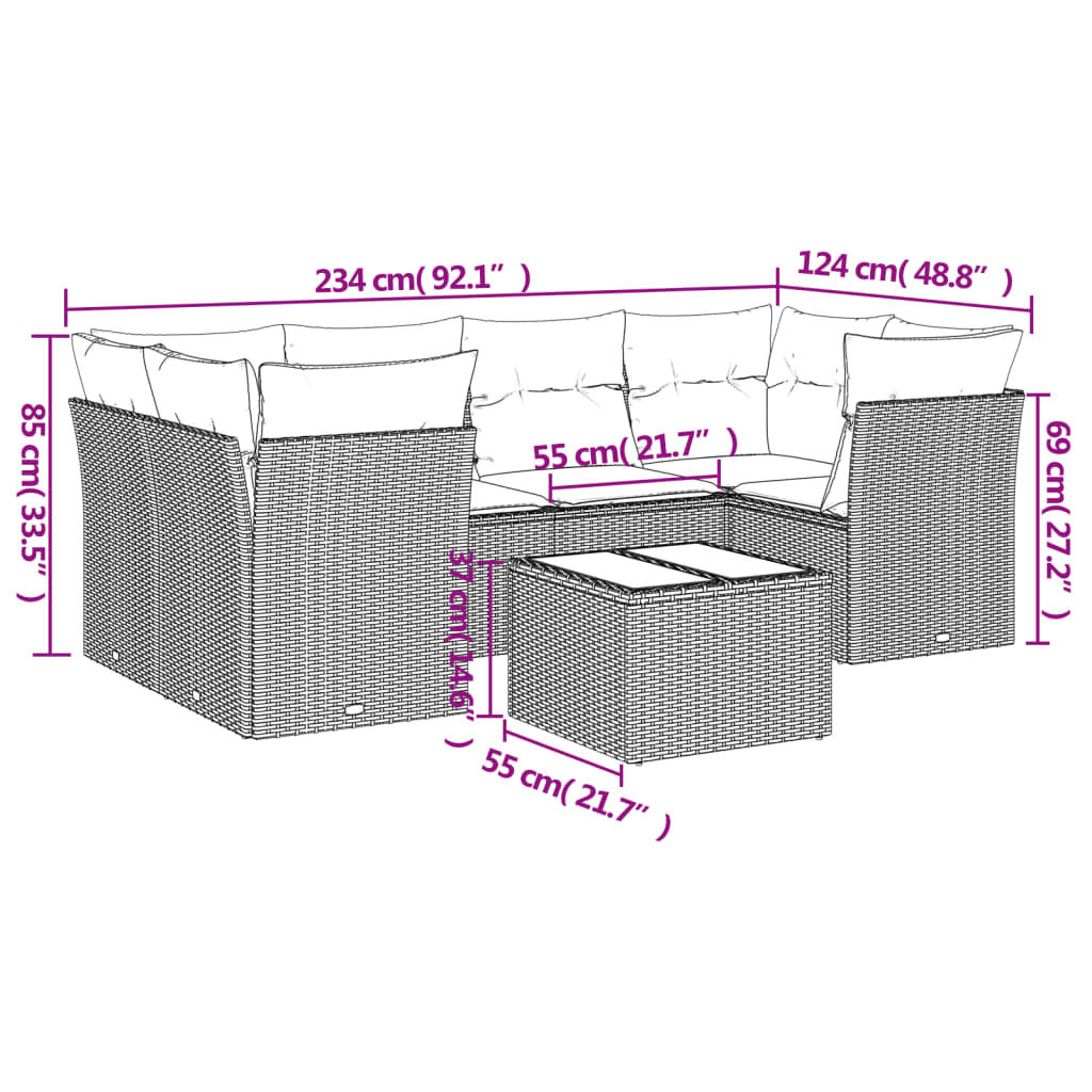 7-delige Loungeset met kussens poly rattan lichtgrijs