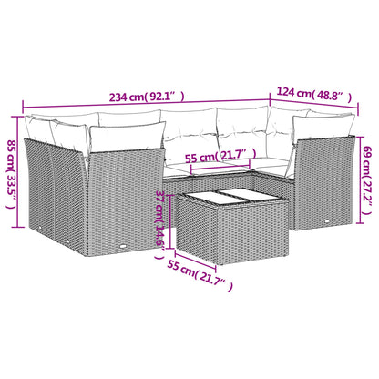 7-delige Loungeset met kussens poly rattan lichtgrijs