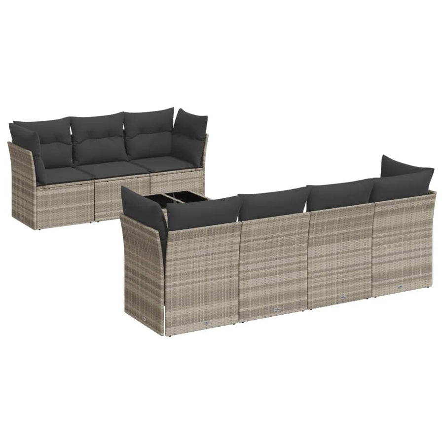 8-delige Loungeset met kussens poly rattan lichtgrijs