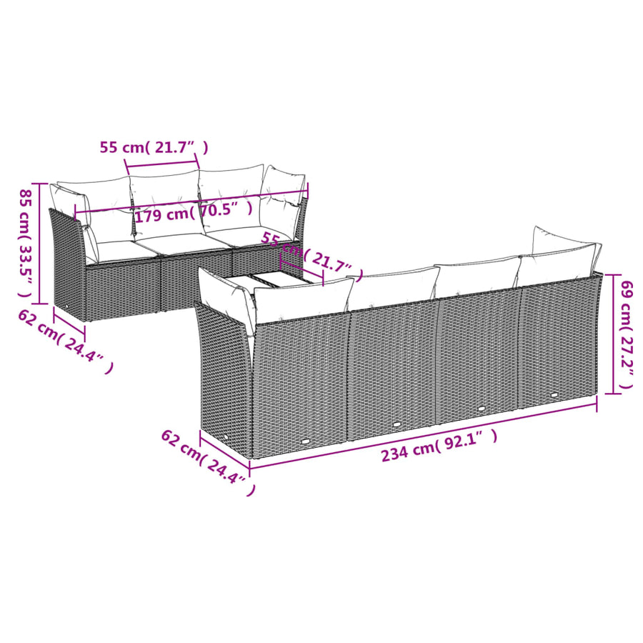 8-delige Loungeset met kussens poly rattan lichtgrijs