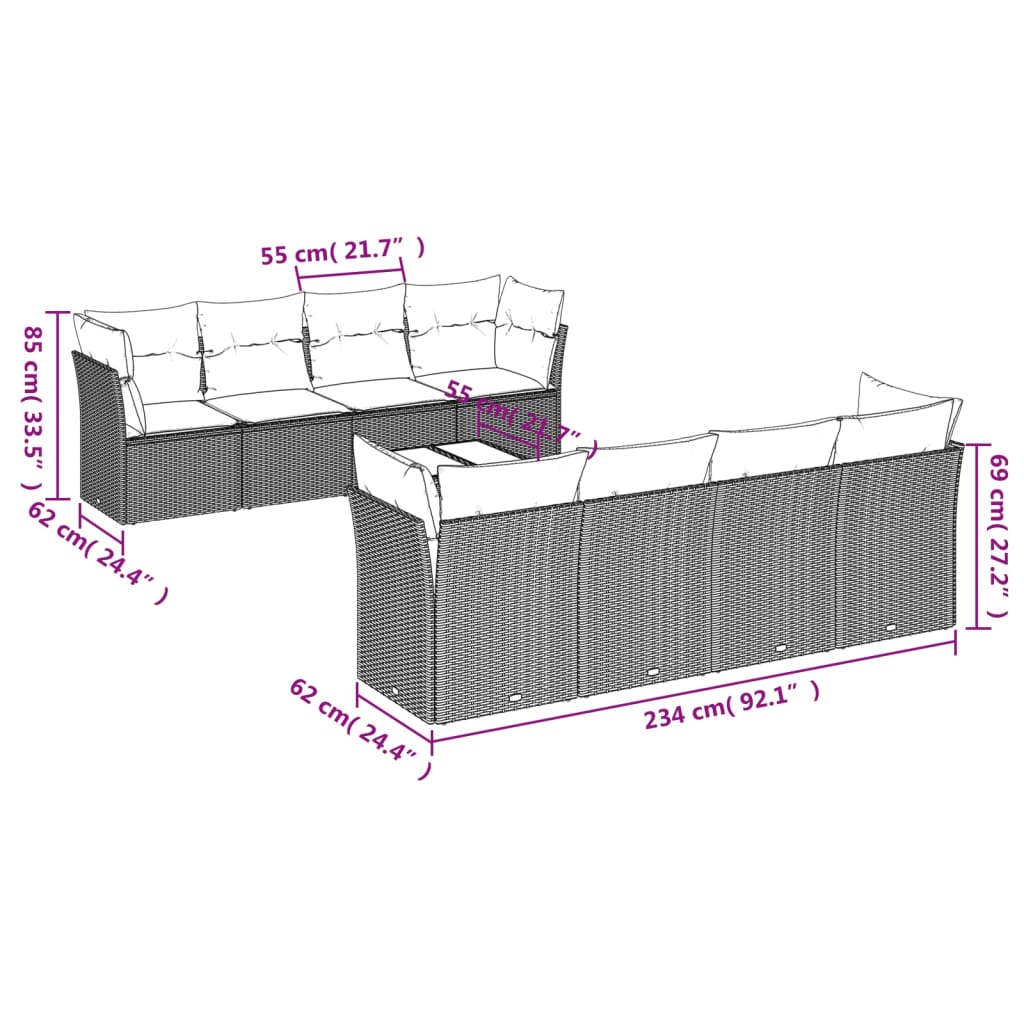 9-delige Loungeset met kussens poly rattan lichtgrijs