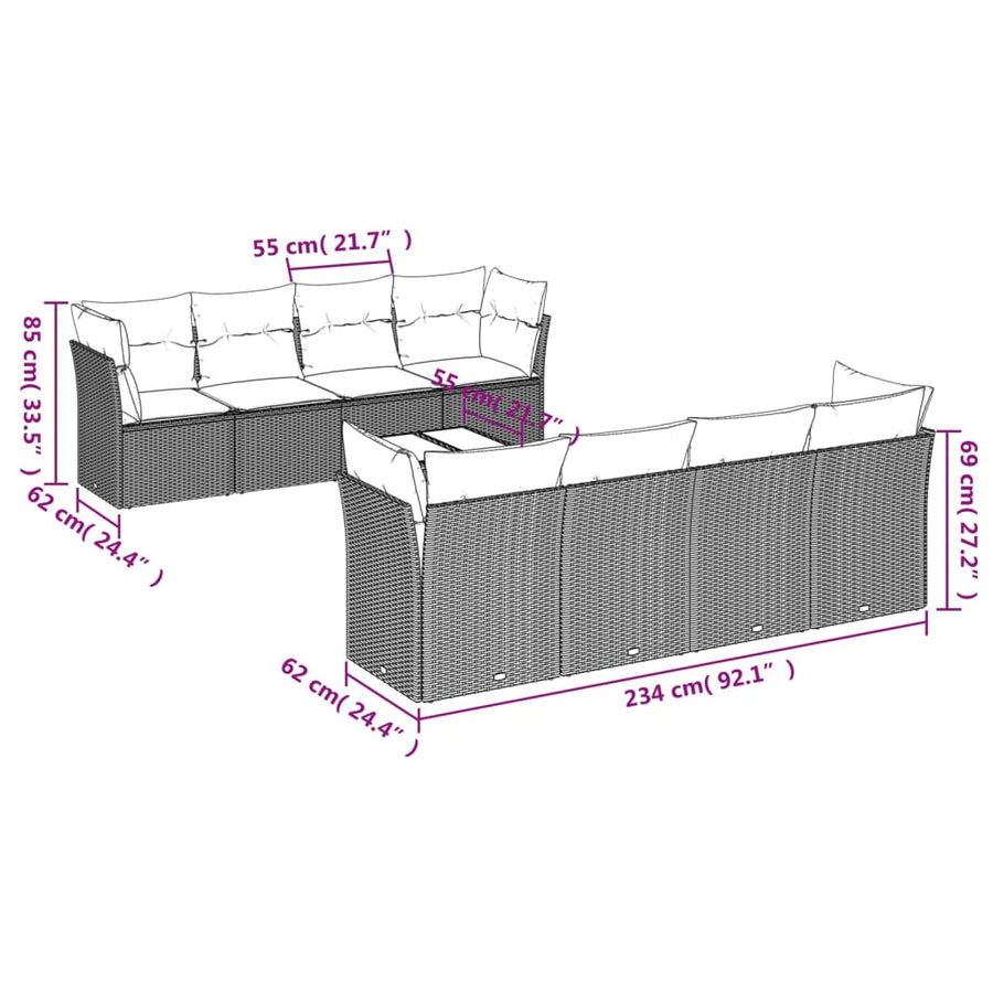 9-delige Loungeset met kussens poly rattan lichtgrijs