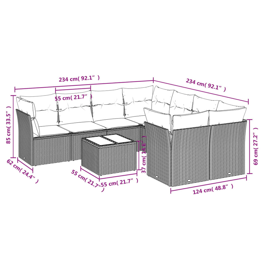9-delige Loungeset met kussens poly rattan lichtgrijs