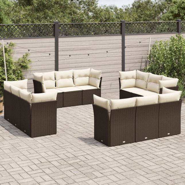 12-delige Loungeset met kussens poly rattan bruin Bruin en crème Zonder tafel