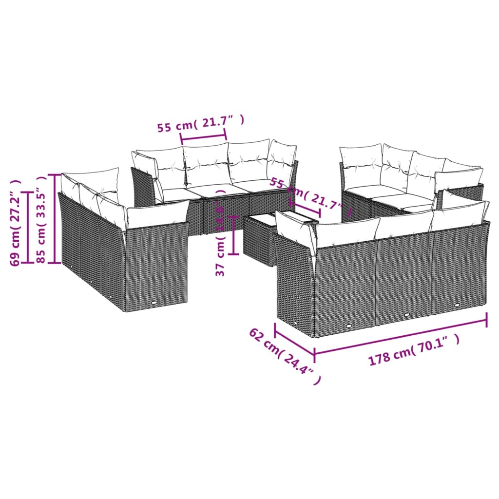 13-delige Loungeset met kussens poly rattan lichtgrijs