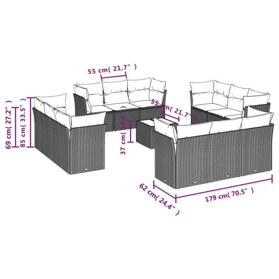 13-delige Loungeset met kussens poly rattan bruin