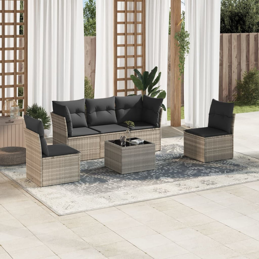 6-delige Loungeset met kussens poly rattan lichtgrijs