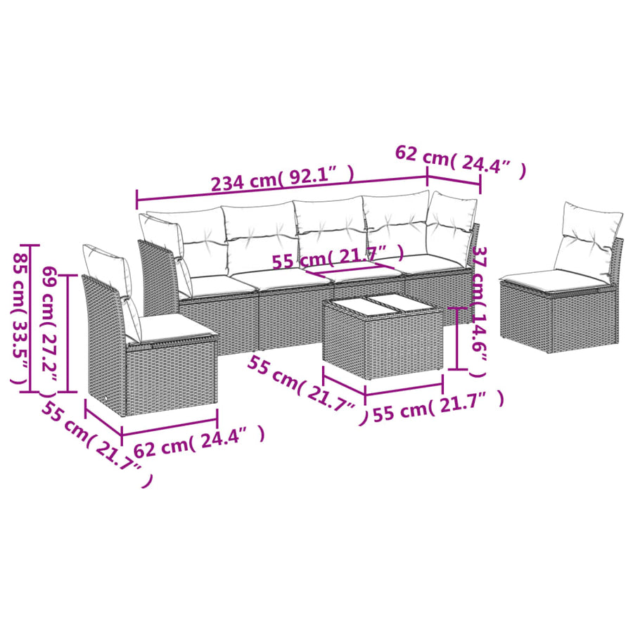 7-Delige Loungeset Met Kussens Poly Rattan Grijs