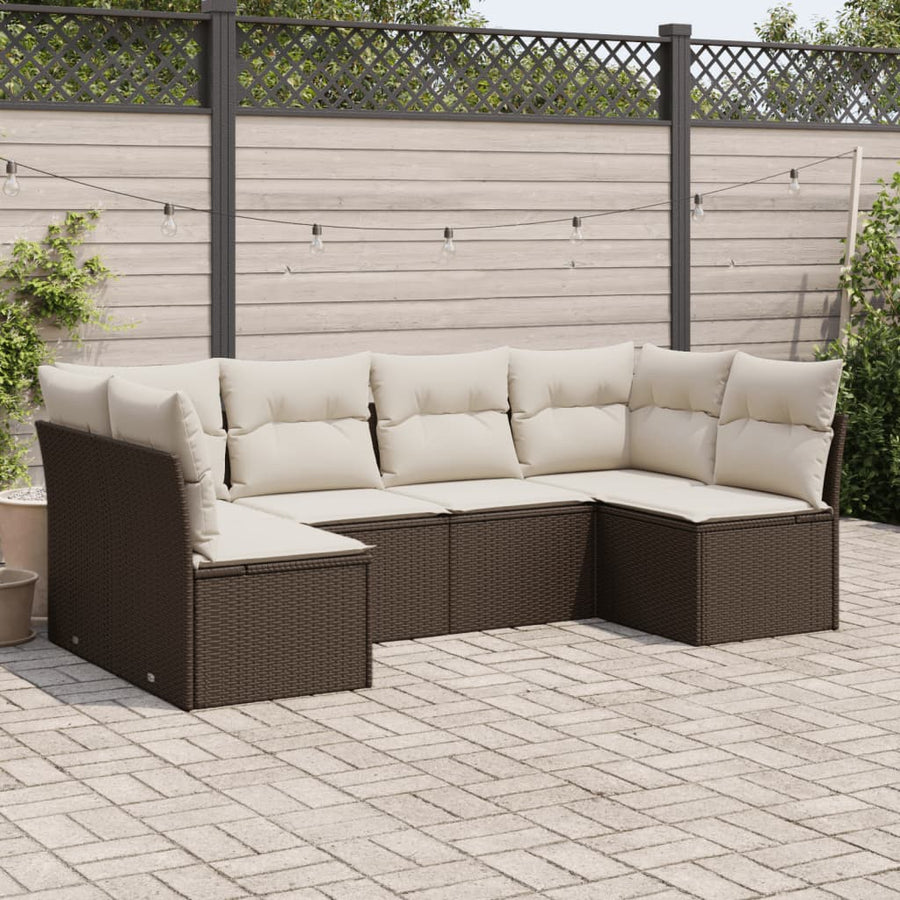 6-delige Loungeset met kussens poly rattan bruin Bruin en crème Zonder tafel