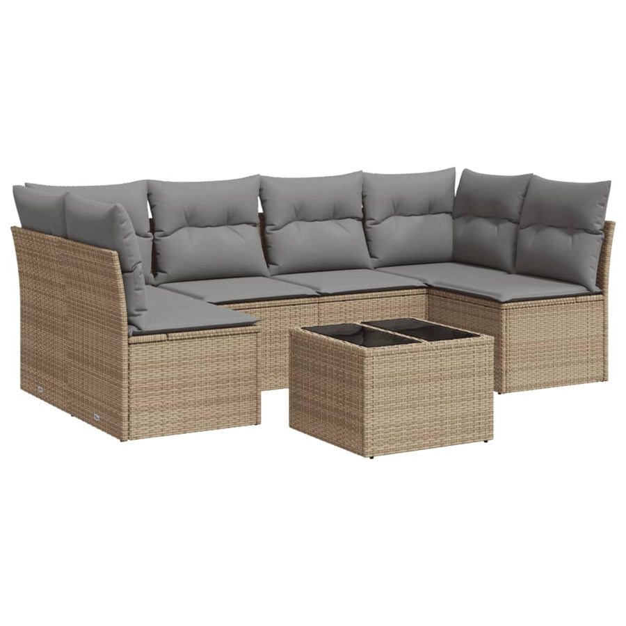 7-delige Loungeset met kussens poly rattan beige Beige en grijs Met tafel