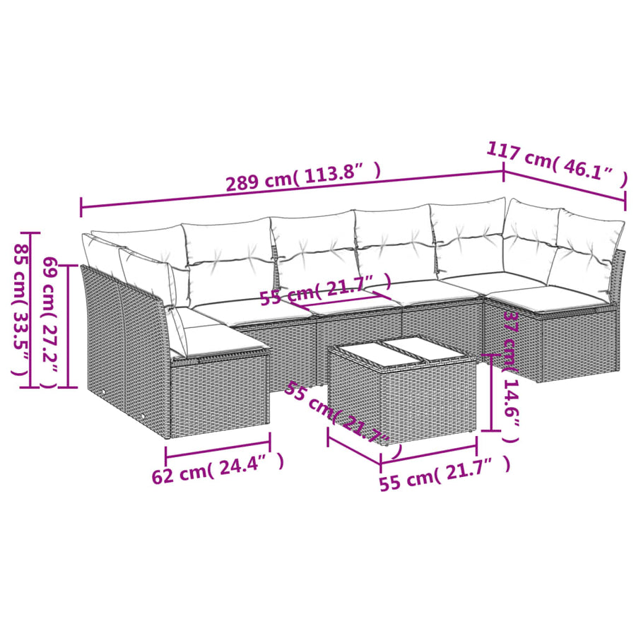 8-Delige Loungeset Met Kussens Poly Rattan Grijs