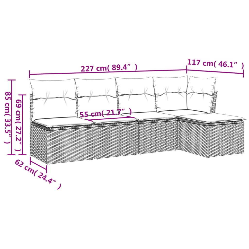 5-Delige Loungeset Met Kussens Poly Rattan Bruin en crème Zonder tafel