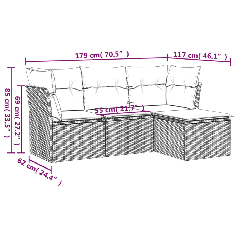 4-delige Loungeset met kussens poly rattan bruin 1 Bruin en crème