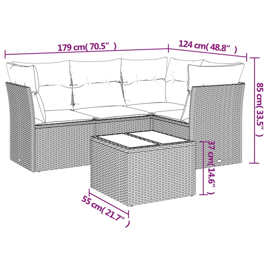 5-delige Loungeset met kussens poly rattan lichtgrijs
