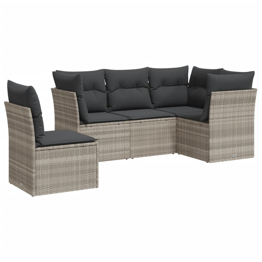 5-delige Loungeset met kussens poly rattan lichtgrijs