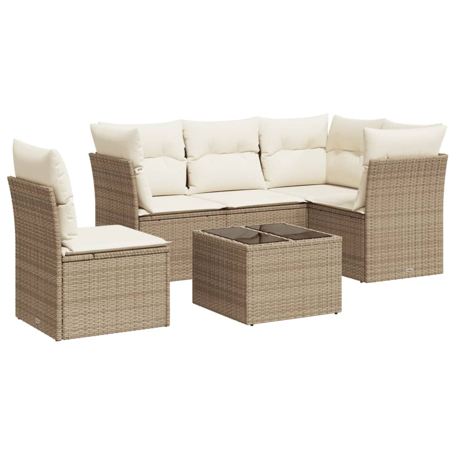 6-delige Loungeset met kussens poly rattan beige