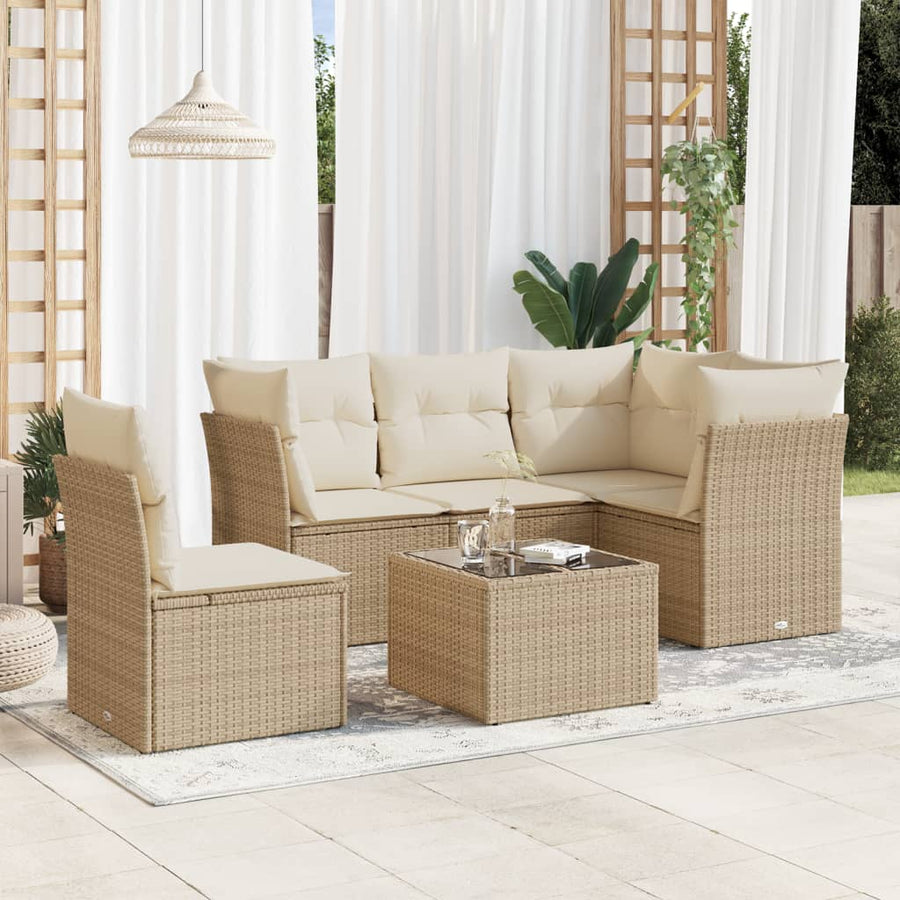 6-delige Loungeset met kussens poly rattan beige
