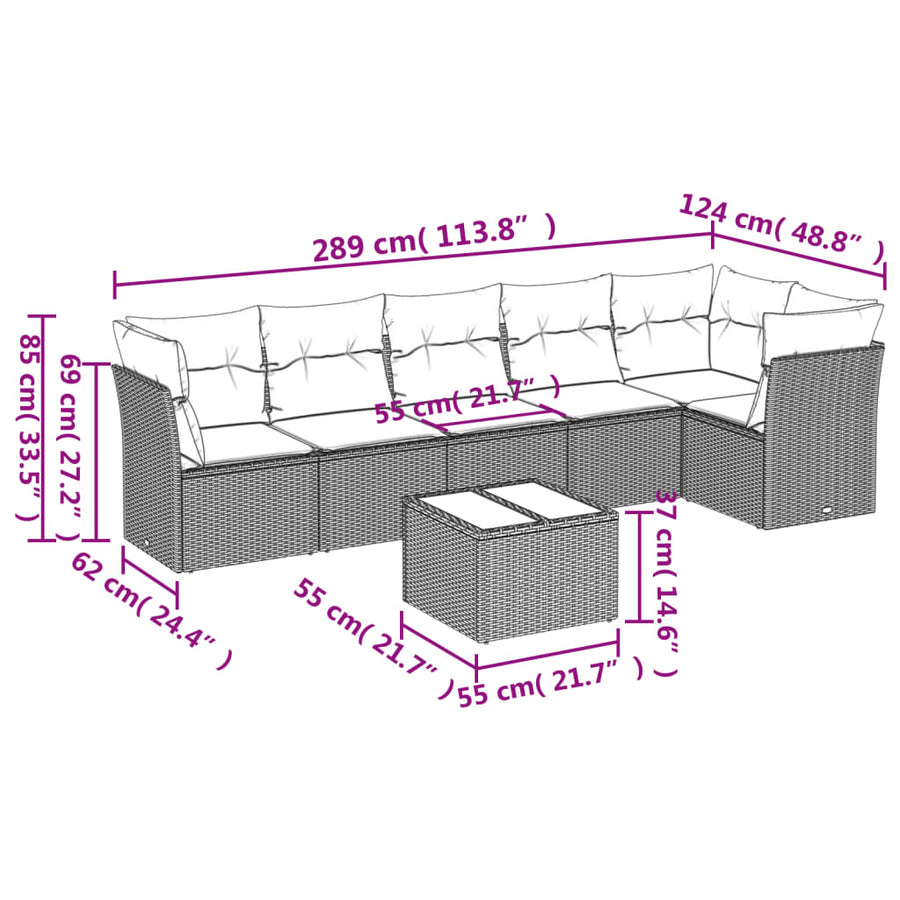 7-Delige Loungeset Met Kussens Poly Rattan Zwart Met tafel