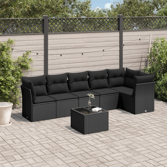 7-Delige Loungeset Met Kussens Poly Rattan Zwart Met tafel