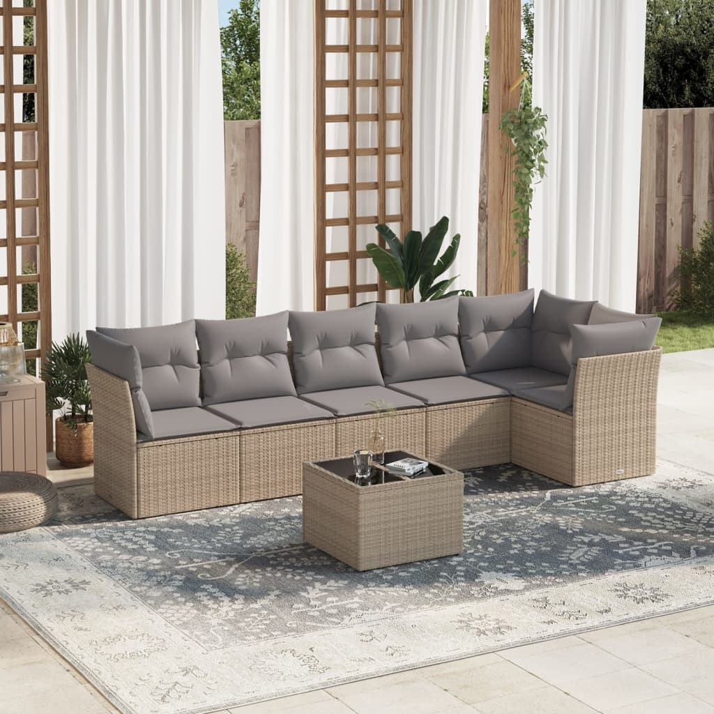 7-Delige Loungeset Met Kussens Poly Rattan Beige en grijs Met tafel