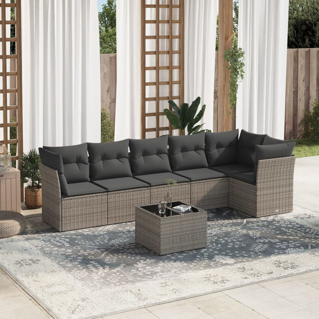 7-Delige Loungeset Met Kussens Poly Rattan Grijs Met tafel