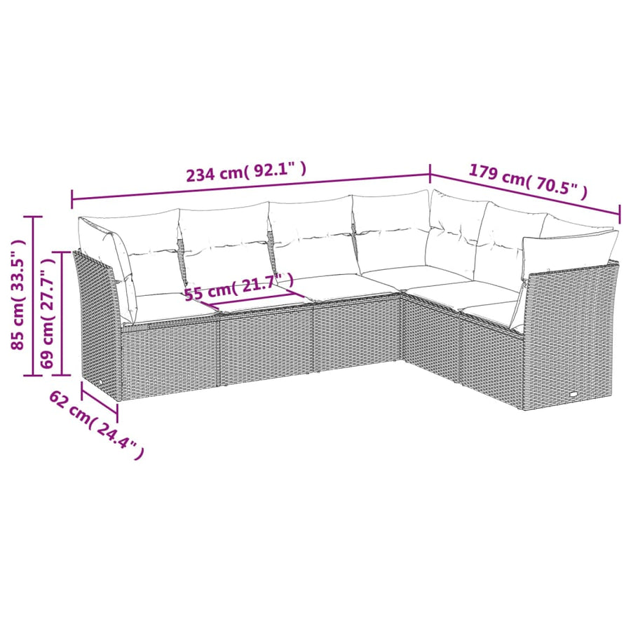 6-delige tuinbankset met kussens, grijs polyrotan