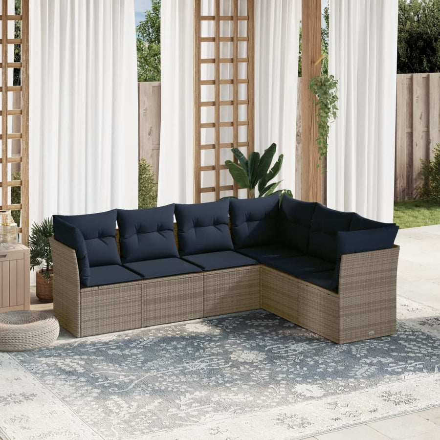 6-delige tuinbankset met kussens, grijs polyrotan