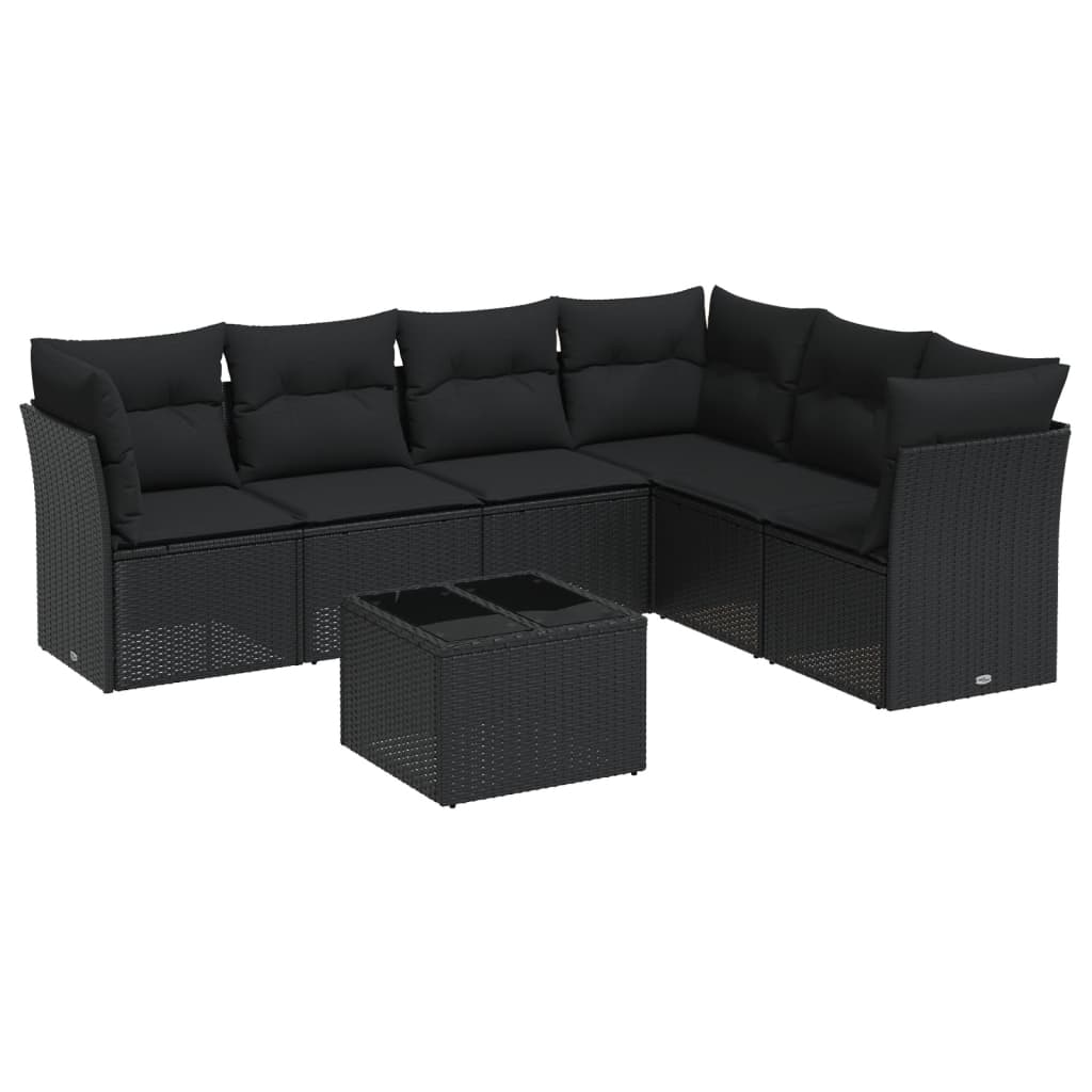 7-delige Loungeset met kussens poly rattan zwart 1 Zwart